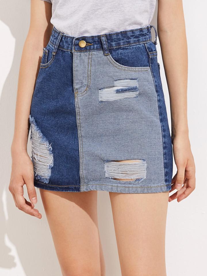 Shein Two Tone Ripped Denim Skirt