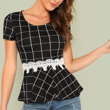 Shein Lace Applique Grid Peplum Top