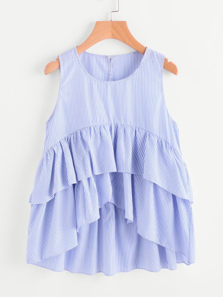 Shein Tiered Frill Overlap Hem Vertical Striped Blouse