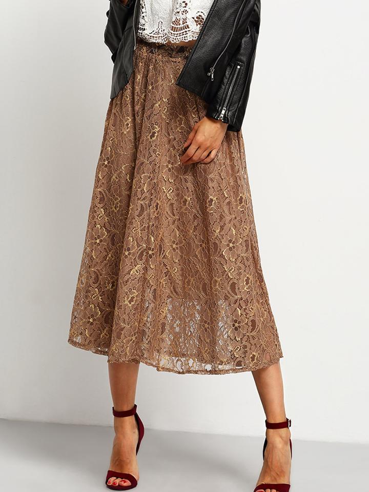 Shein Khaki Elastic Waist Lace Pleated Skirt