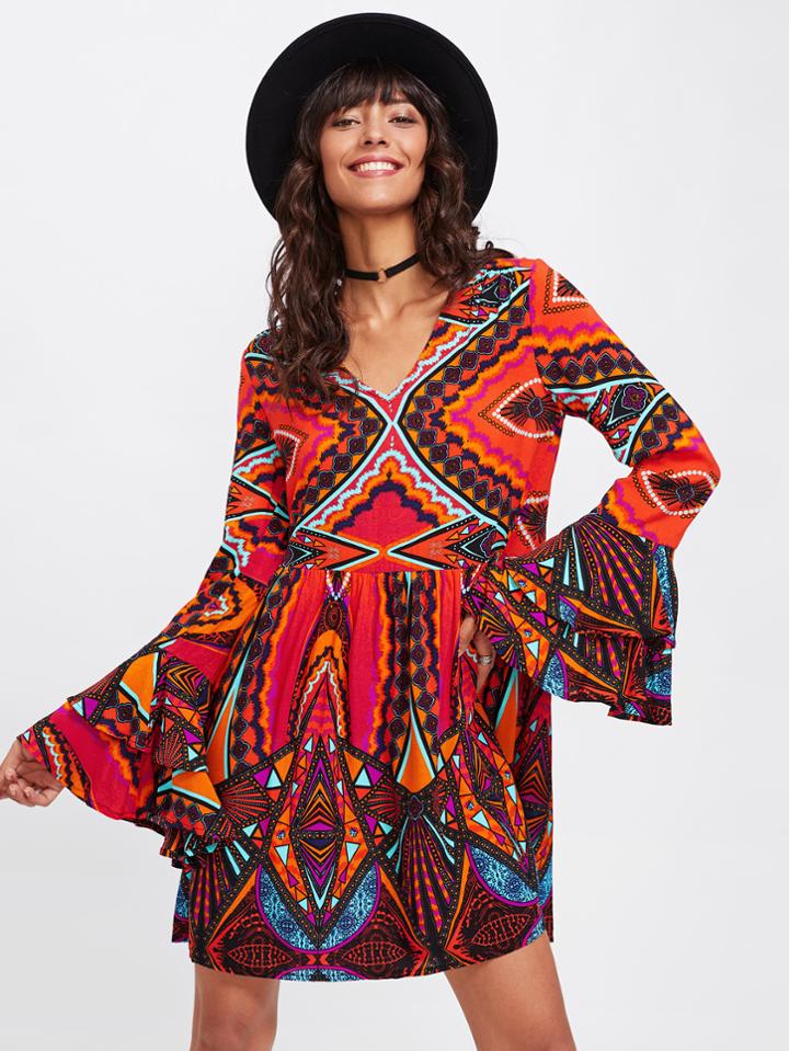 Shein Tiered Bell Cuff Geo Print Dress