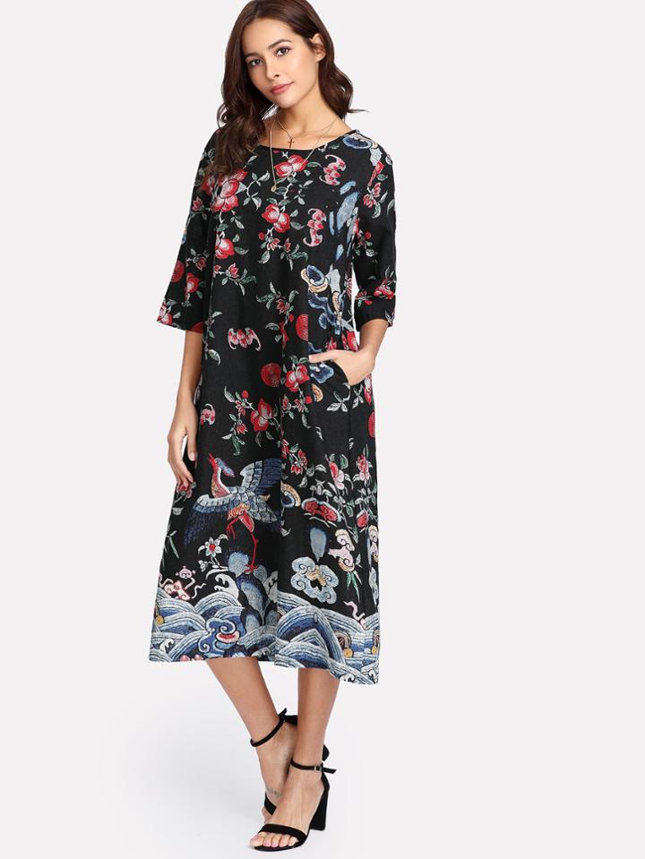 Shein Crane Print Hidden Pocket Dress