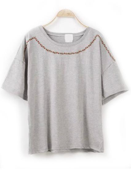 Shein Grey Crew Neck Embroidered Loose T-shirt