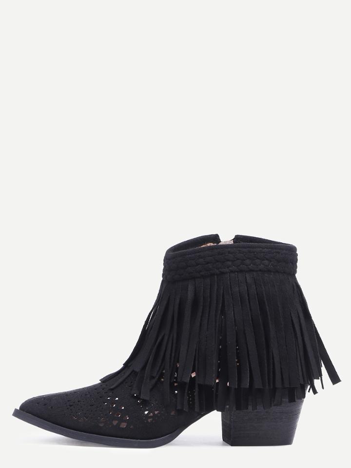 Shein Black Faux Suede Laser-cut Fringe Boots