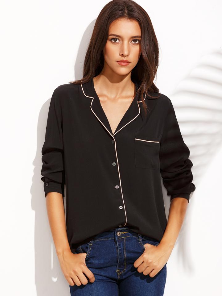 Shein Black Lapel Button Front Long Sleeve Blouse