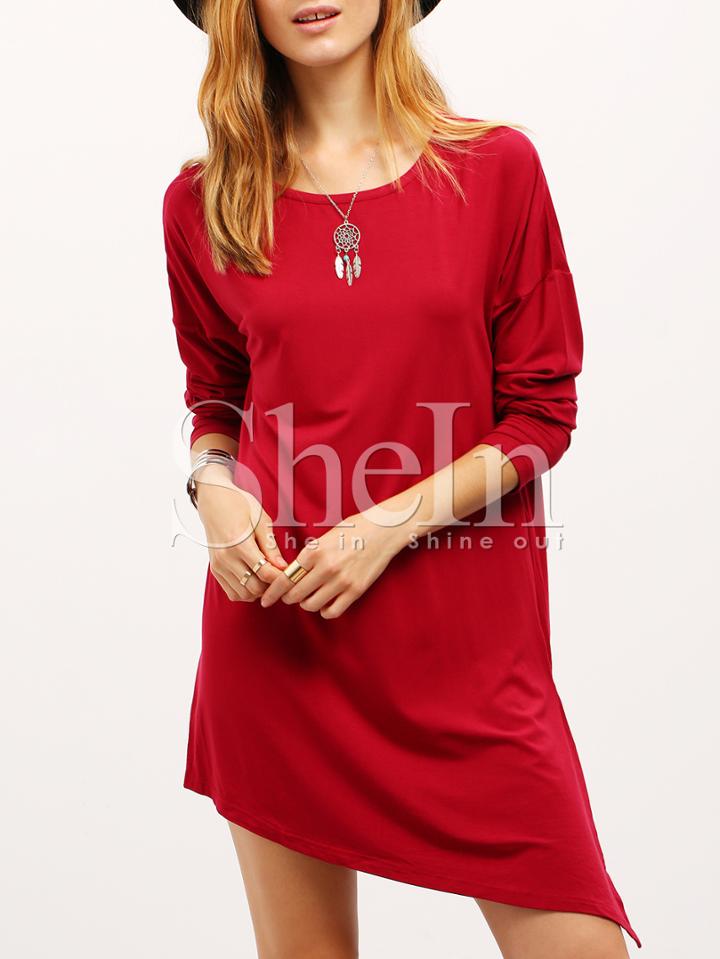 Shein Burgundy Crew Neck Asymmetric Dress