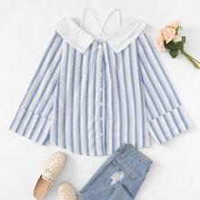Shein Striped Curved Hem Button Back Blouse