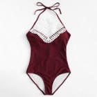 Shein Crochet Lace Insert Halter Swimsuit