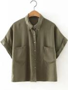 Shein Army Green Roll-up Cuff Lapel Button Blouse