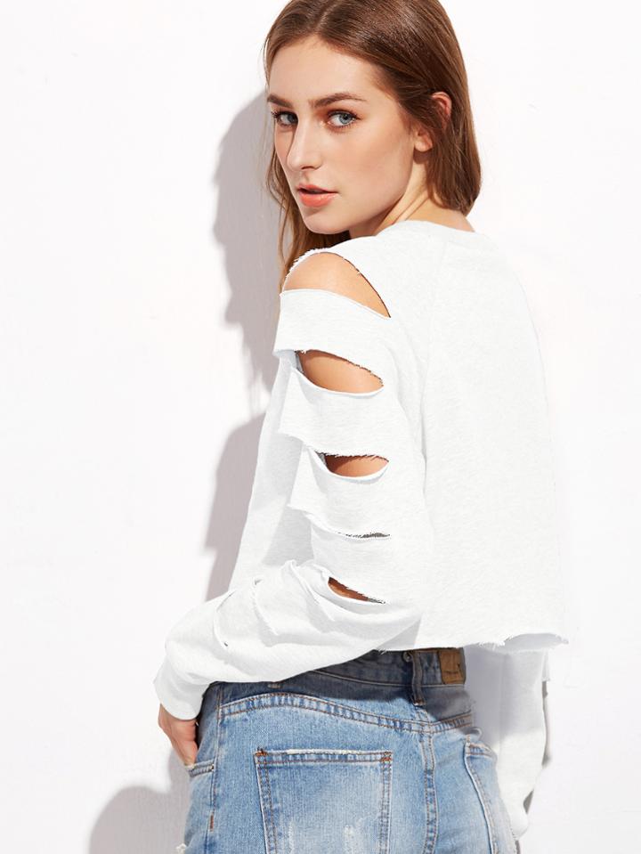 Shein White Ladder Cut Out Sleeve Raw Hem Sweatshirt