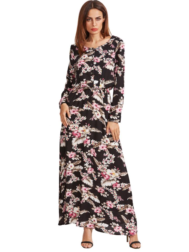Shein Black Blossom Print Buttoned Front Dress