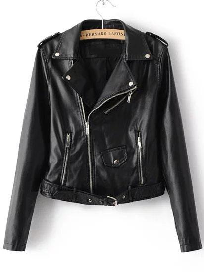 Shein Black Faux Leather Belted Moto Jacket With Zipper