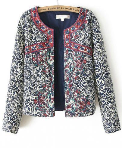 Shein Navy Long Sleeve Embroidered Porcelain Print Jacket