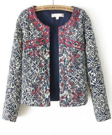 Shein Navy Long Sleeve Embroidered Porcelain Print Jacket