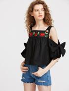 Shein Cold Shoulder Bow Sleeve Embroidered Babydoll Top