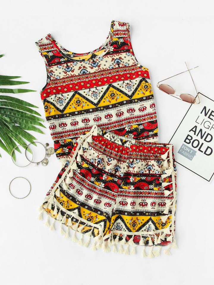 Shein Tribal Print Tassel Trim Tank Top With Shorts