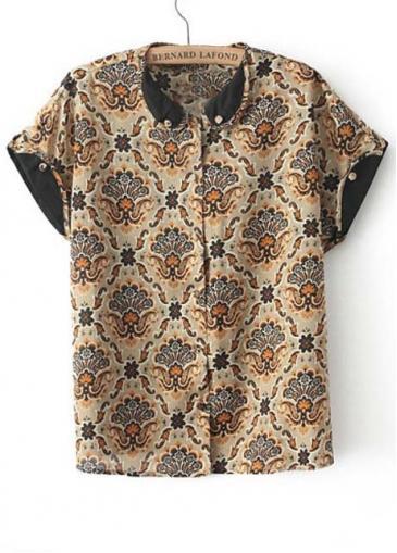 Rosewe Vintage Totem Print Cotton Blended Short Sleeve Shirts