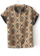 Rosewe Vintage Totem Print Cotton Blended Short Sleeve Shirts