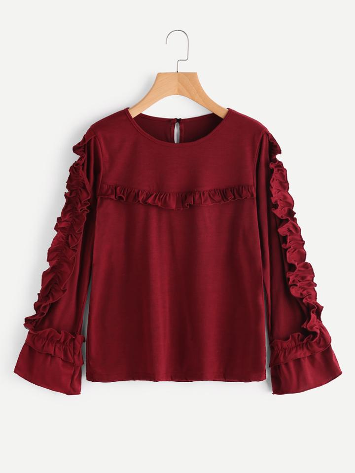 Shein Button Keyhole Back Tee With Exaggerated Frill