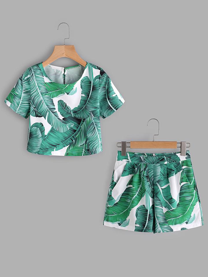 Shein Palm Leaf Print Keyhole Back Top With Shorts