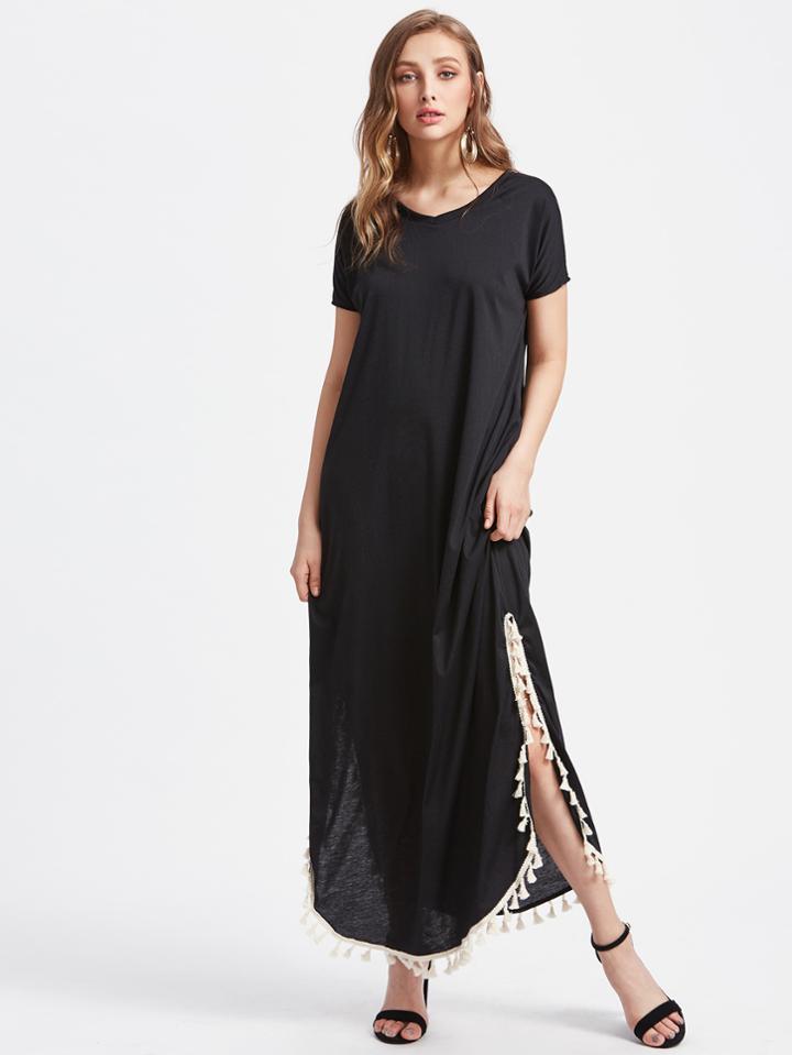 Shein Tassel Trim Side Split Maxi Long Dress