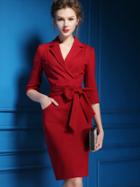 Shein Red V Neck Half Sleeve Pockets Tie-waist  Dress