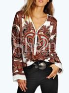 Shein Multicolor Long Sleeve Vintage Retro Print Blouse