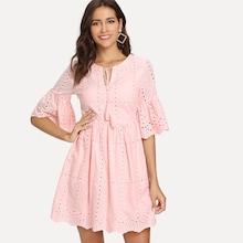 Shein Tie Neck Eyelet Embroidered Smock Dress