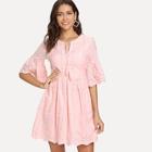 Shein Tie Neck Eyelet Embroidered Smock Dress
