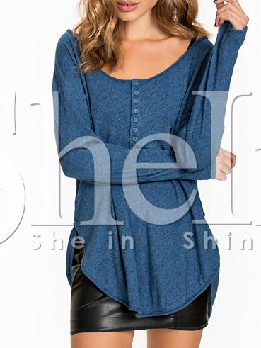 Shein Blue Round Neck With Button T-shirt