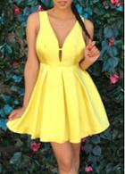 Rosewe Yellow Plunging Neck Zip Closure Flare Dress