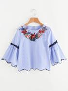 Shein Embroidered Yoke Lace Applique Piping Scalloped Top