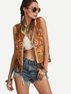 Shein Multicolor Embroidered Fringe Hem Sleeveless Cardigan Outerwear
