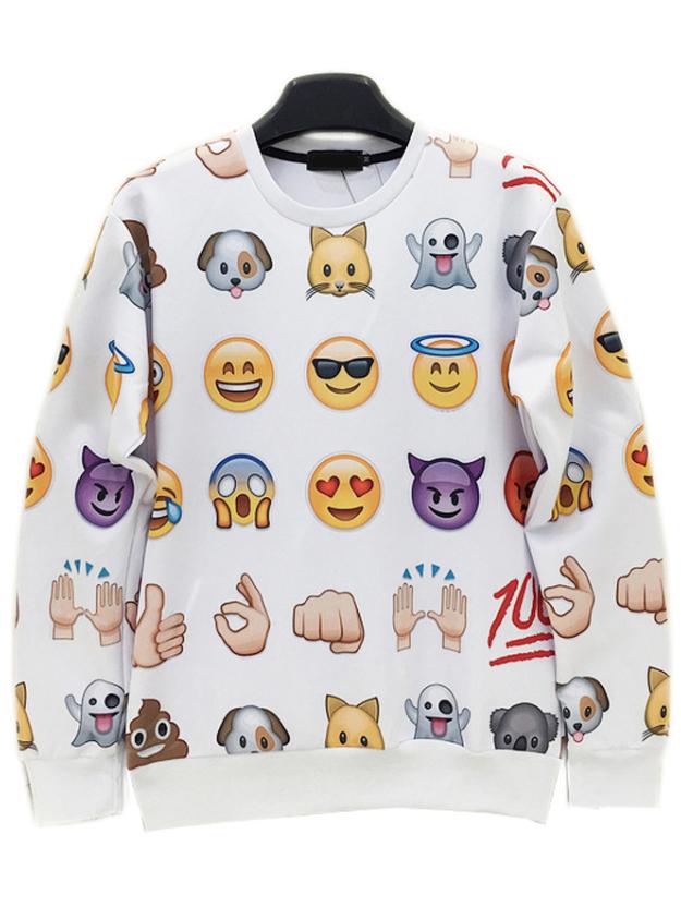 Shein White Round Neck Emoji Emoticonos Sweatshirt