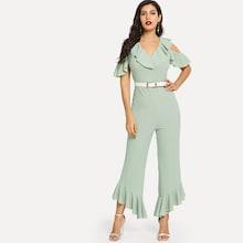 Shein Cold Shoulder Ruffle Trim Jumpsuit Without Belted