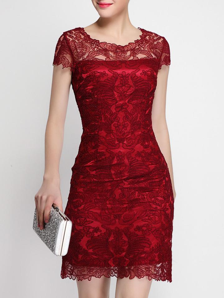 Shein Red Gauze Disc Flowers Sheath Dress