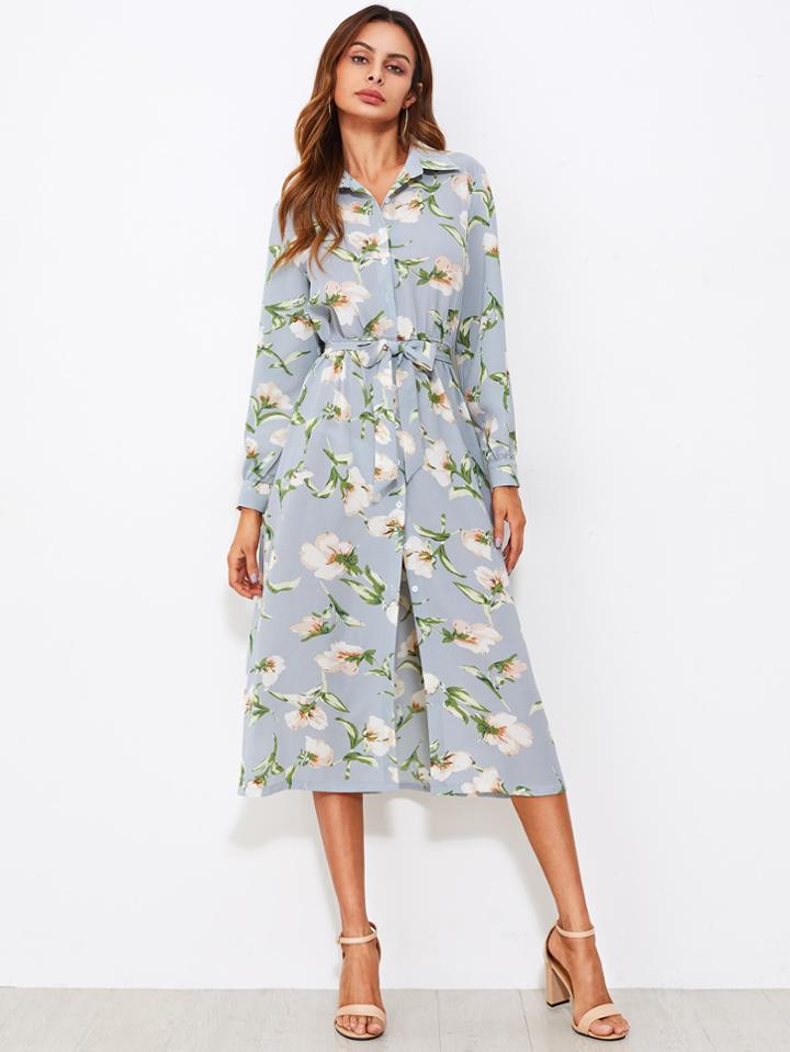 Shein All Over Botanical Print Self Tie Shirt Dress