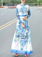 Shein Blue Crew Neck Floral Maxi Dress