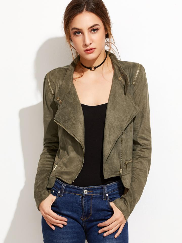 Shein Army Green Oblique Zipper Suede Jacket
