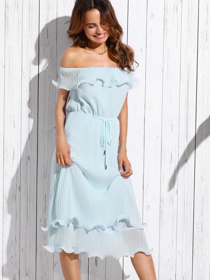 Shein Frill Bardot Neckline Tie Waist Pleated Dress