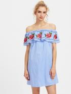 Shein Embroidered Flower Patch Frill Bardot Dress