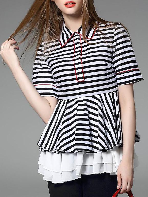 Shein Black White Lapel Ruffle Striped Blouse