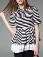 Shein Black White Lapel Ruffle Striped Blouse