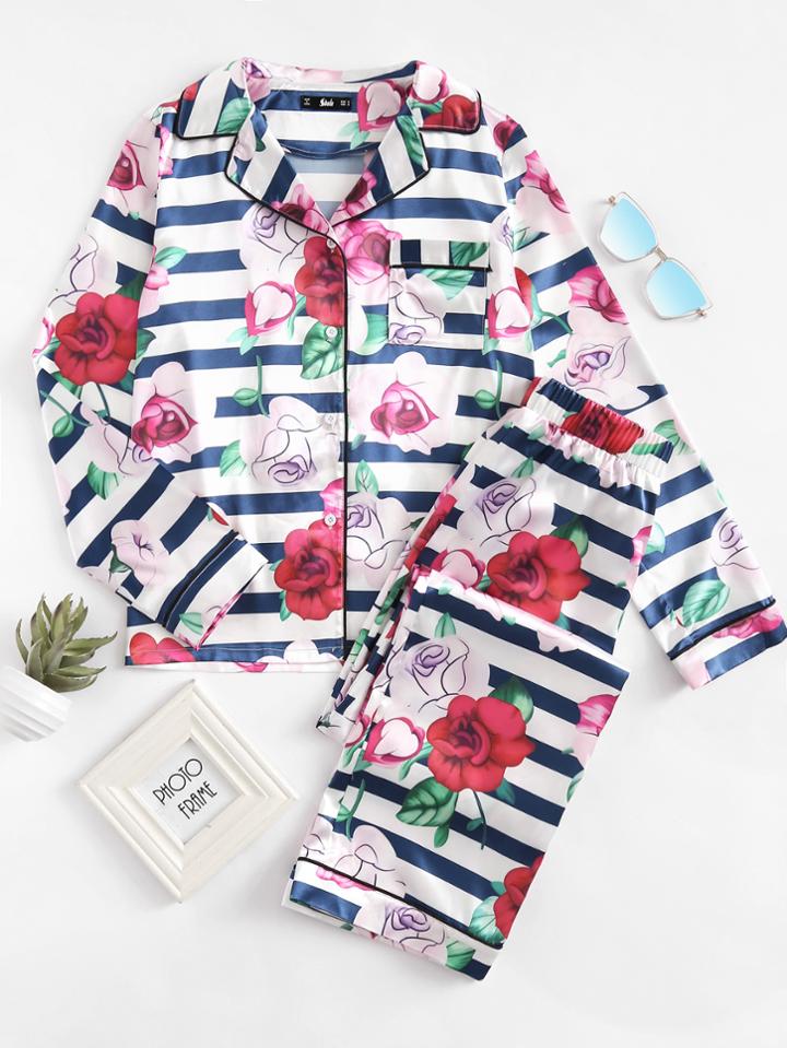 Shein Piping Detail Pocket Front Blouse And Pants Pajama Set