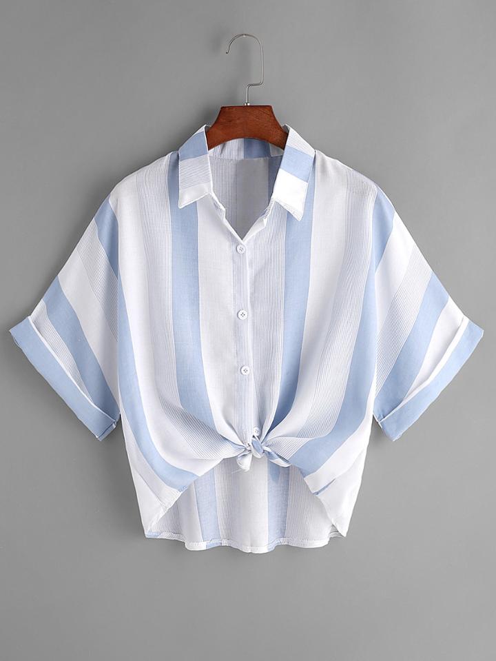Shein Contrast Striped Tie Front Cuffed Shirt