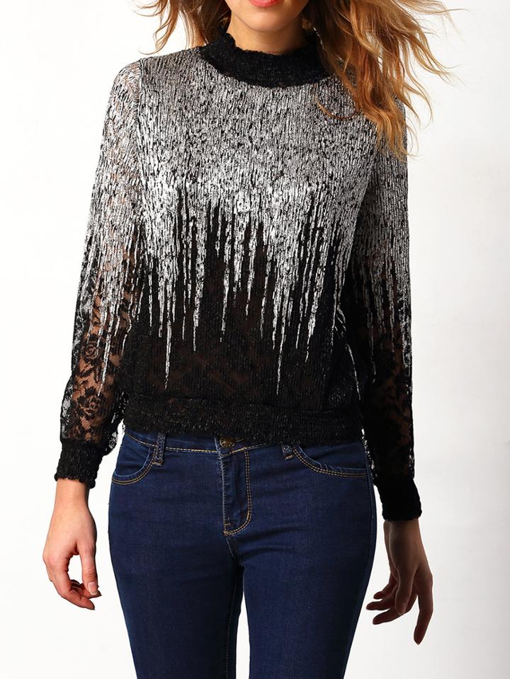 Shein Silver Stand Collar Lace Embellished Blouse
