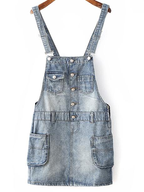 Shein Blue Pockets Buttons Denim Straps Dress