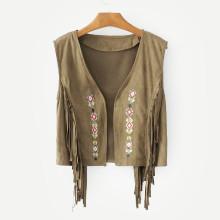 Shein Suede Geo Embroidered Fringe Trim Vest