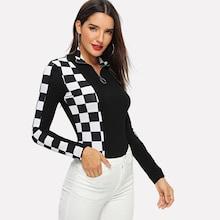 Shein Zip Front Plaid Mock Neck Tee