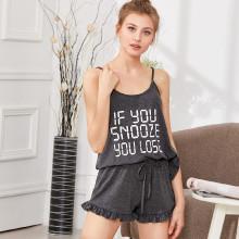 Shein Letter Print Cami Top And Ruffle Trim Shorts Pj Set